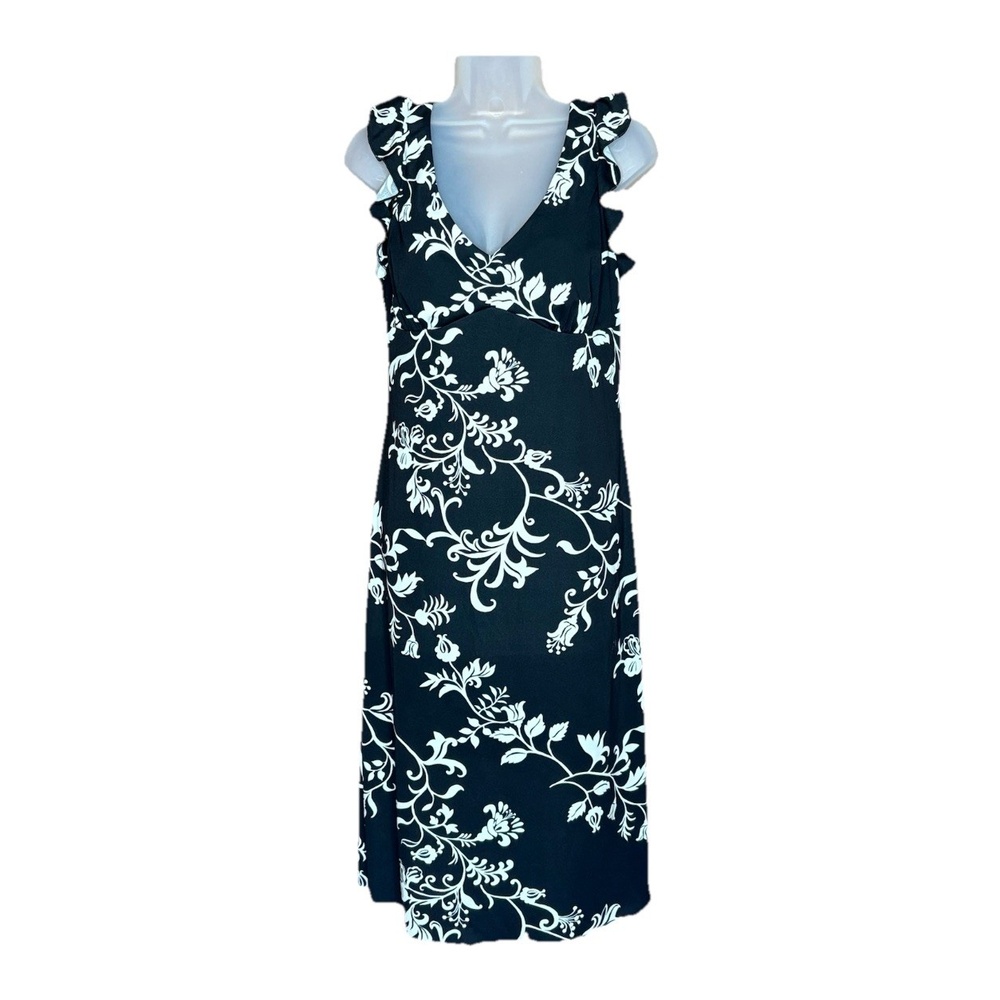 Vintage La Belle Dress L Black White Floral Sleeveless‎ Ruffle Trim USA Y2K 90s